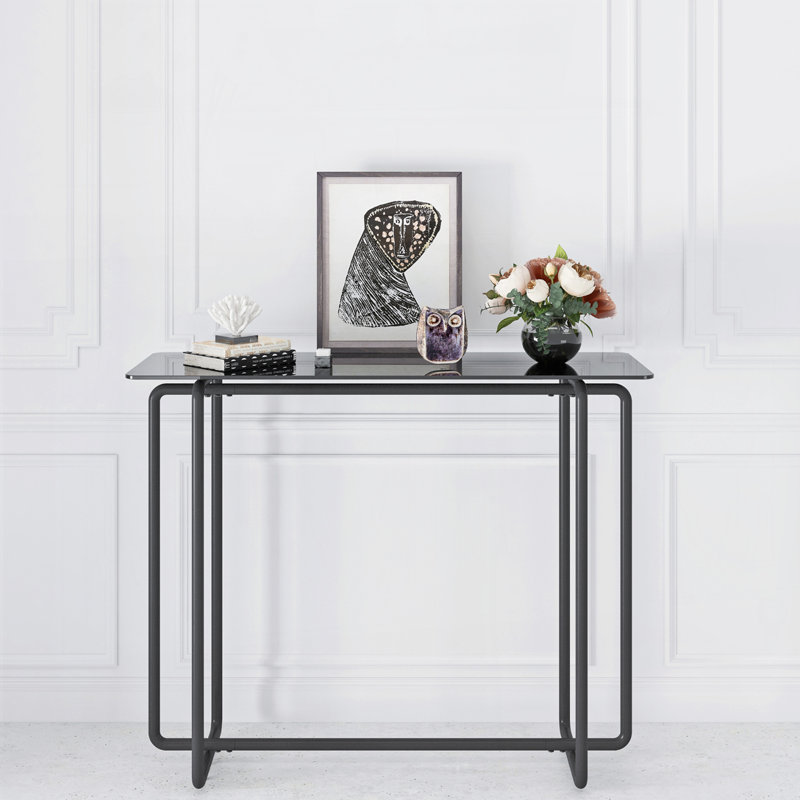 Console Table Single Layer Tempered Glass Rectangular Porch Table Leg Double Tempered Glass Tea Table, Black