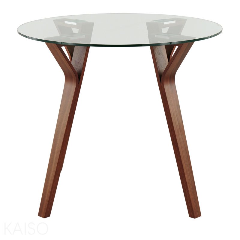 Table de salle à manger ronde Mid-Century moderne en bois de noyer et verre transparent