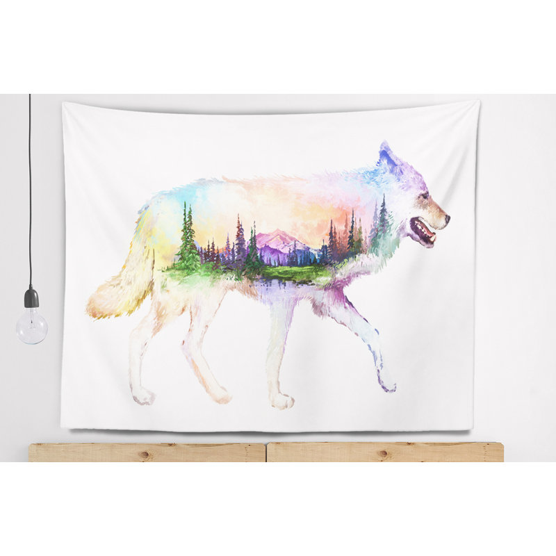 Tapisserie d’exposition à double exposition en polyester animal loup avec accessoires suspendus inclus, H 50 po x l 60 po