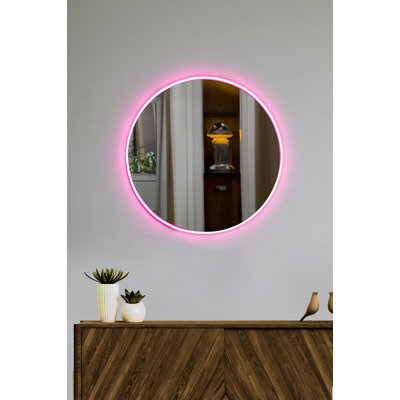 Miroir moderne à DEL avec acrylique incassable incassable, 15,7 po de diamètre | Épaisseur de 5 mm | Rayures néon rose | Panneau de fibres à densité moyenne, adaptateur 12V | Idéal pour la décoration intérieure, les routines de beauté et les espaces de fantaisie