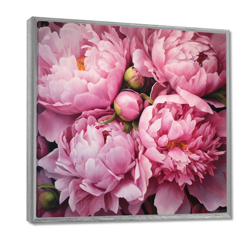 Pivoine rose verte captivante II - art floral sur toile, H 36 po x l 36 po x P 1,5 po, Encadrement argenté
