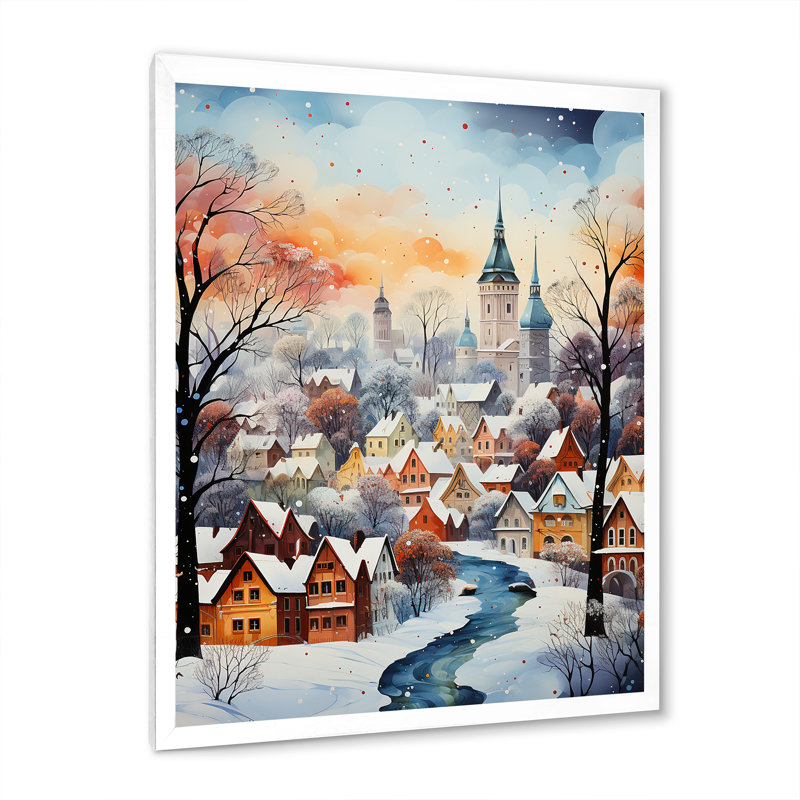 Winter Village In 1950, reproduction d'art sur toile, H 32 po x l 24 po x P 1 po, Cadre simple blanc