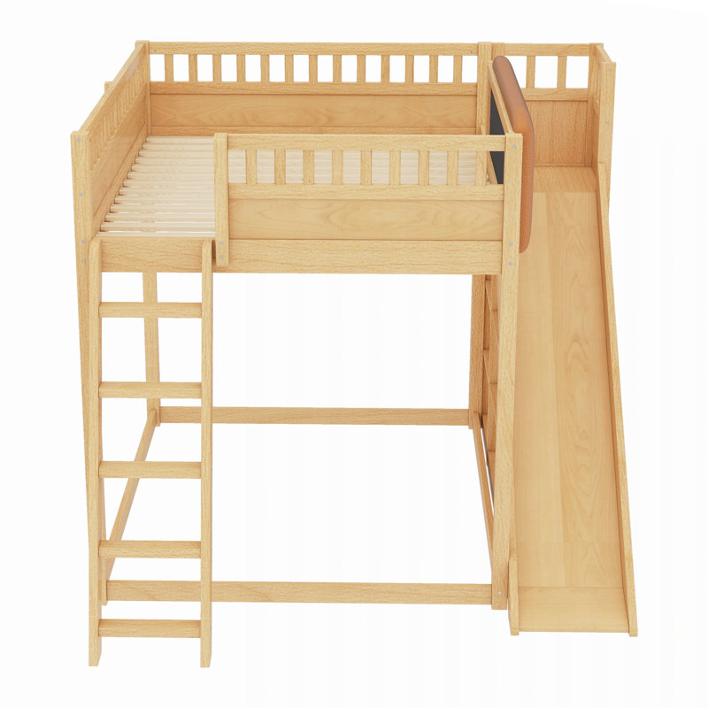 Lit mezzanine avec tête de lit tapissier, tablettes de rangement, échelle et glissade, Full / Double, Natural