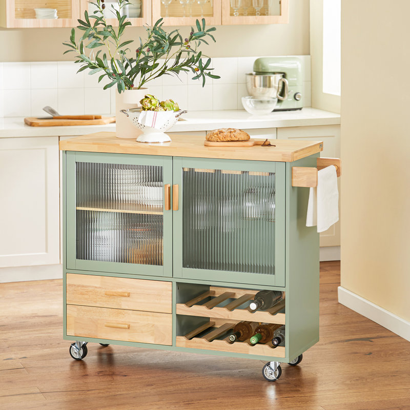 Severns 109cm W Kitchen Island with Solid Wood Top and Locking Wheels, Green