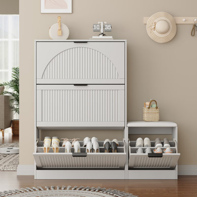 Meuble à chaussures de 124 cm de large pour 24 paires, avec 3 tiroirs à charnières et banc à chaussures
