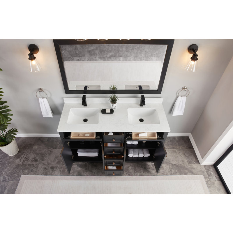 60" Solid Wood Sink Vanity  With 1' Artificial Stone Top, Tricorn Black