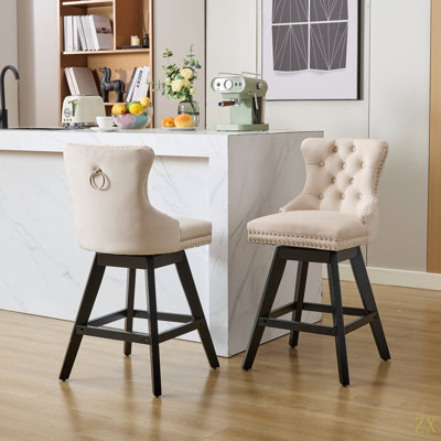 Swivel Velvet Barstools With Button Tufted Decoration And Wooden Legs,Nailhead Trim, Leisure Style Bar Chairs,Bar Stools, Set Of 2