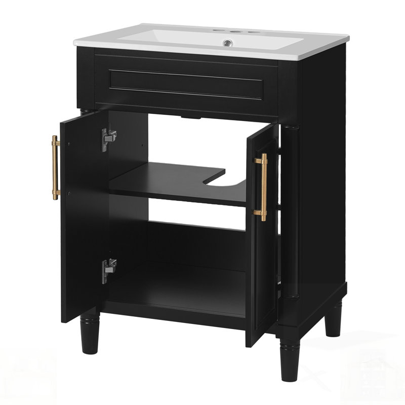 Meuble-lavabo avec lavabo en céramique intégré et deux portes, parfait pour les petites et moyennes salles de bain, combinant style et fonctionnalité.