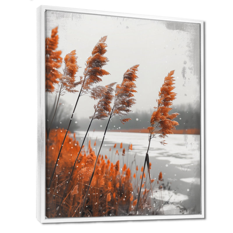 «Orange Grass Herbs Winter Lake», impression d'art mural paysage, Cadre flottant blanc, H 24 po x l 32 po
