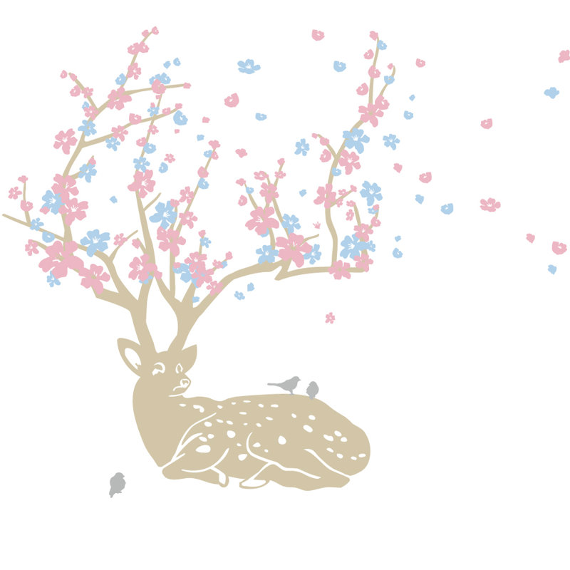 Décalcomanie murale cerf fleur de cerise, 33" H x 28" lx 0.01" D, Beige / Bleu Clair / Rose