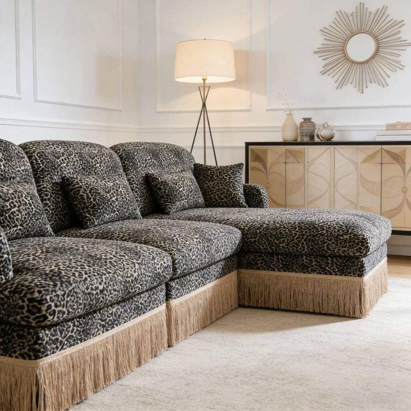 Comfy Chenille Leopard Printing Sofa,Delicate Tassel Edge,Movable Ottomans,Modern Fashion Style, khaki+3seat+1Ottomans