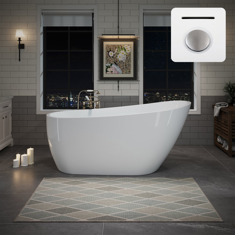 63" x 30.7" Acrylic Freestanding Bathtub, Deep Soaking Bathtub with Brushed Nickel Pop-up Drain & Integrated Overflow for Bathroom Spa, Glossy White