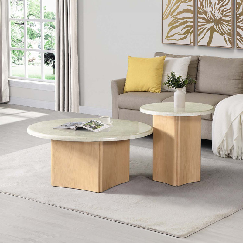 Table de bout Qwin, plateau en marbre et finition chêne