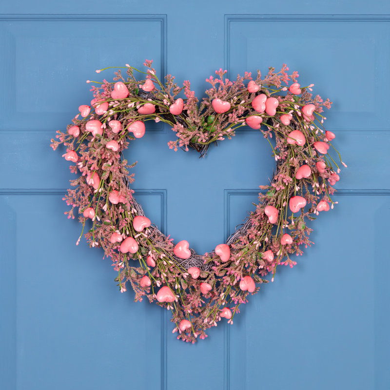 Hearts And Rosebuds Artificial Heart Shaped Valentine's Day Wreath - 18" - Pink