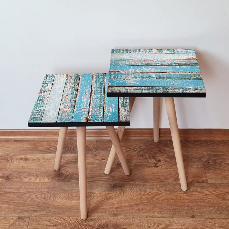 Modern Nesting Table Set (2 Pieces), Blue & White, 13.8 x 18.5 x 13.8 inches & 13.8 x 16.5 x 13.8 inches | 100% MDF with Beech Wood Legs, Stylish Geometric Design | Perfect for Living Room & Office Spaces