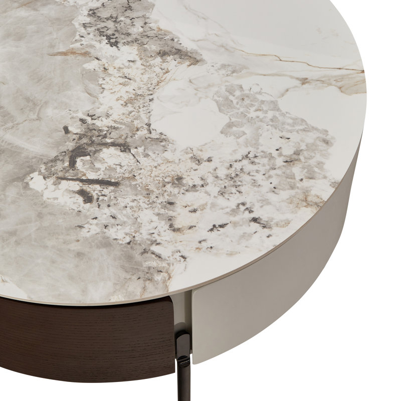 Table basse ronde moderne avec tiroirs et pieds en métal, table basse tambour