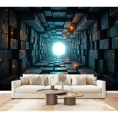 Peel and Stick Wallpaper Futuristic Tunnel Glowing Light Geometric Metallic Wall Murals 69"H x 96"W Removable PVC Wall Paper Self-Adhesive Wall Decor for Bedroom Living Room Home Office