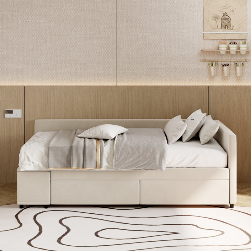 Lit plateforme simple beige avec tiroirs de rangement en forme de L, Beige