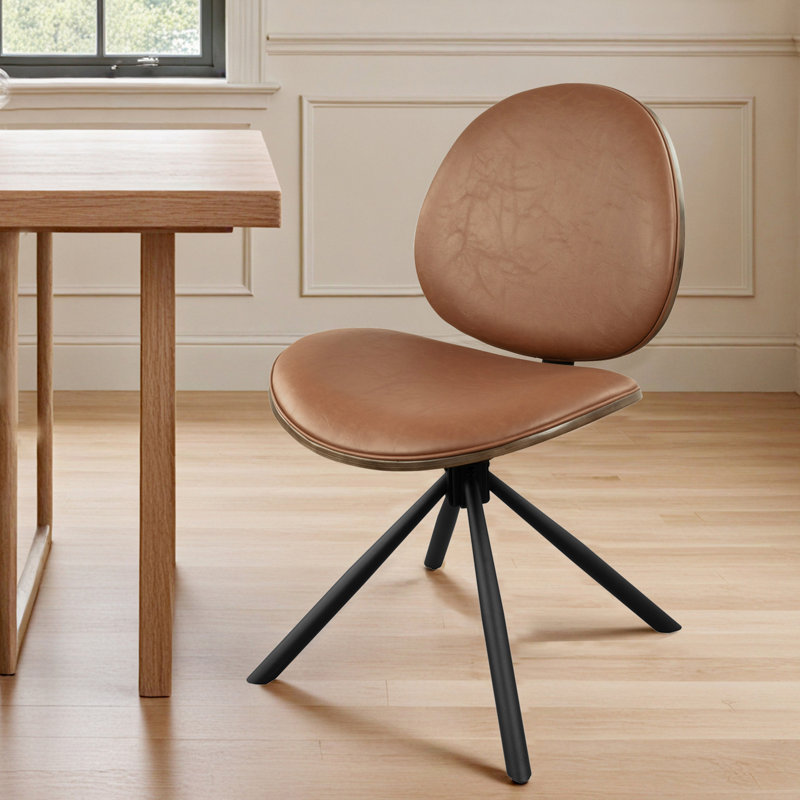 18'' H Swivel Faux Leather Dining Chair With Curved Solid Wood Back, Modern Armless Upholstered Side Chair With Steel Metal Base For Dining Room Kitchen Home Office