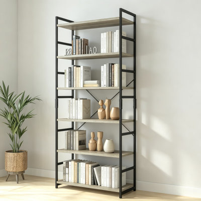 Bibliothèque à 6 niveaux avec structure en métal, bibliothèque de rangement rétro pour salon, chambre à coucher, bureau personnel, tablette industrielle avec tringle fixe