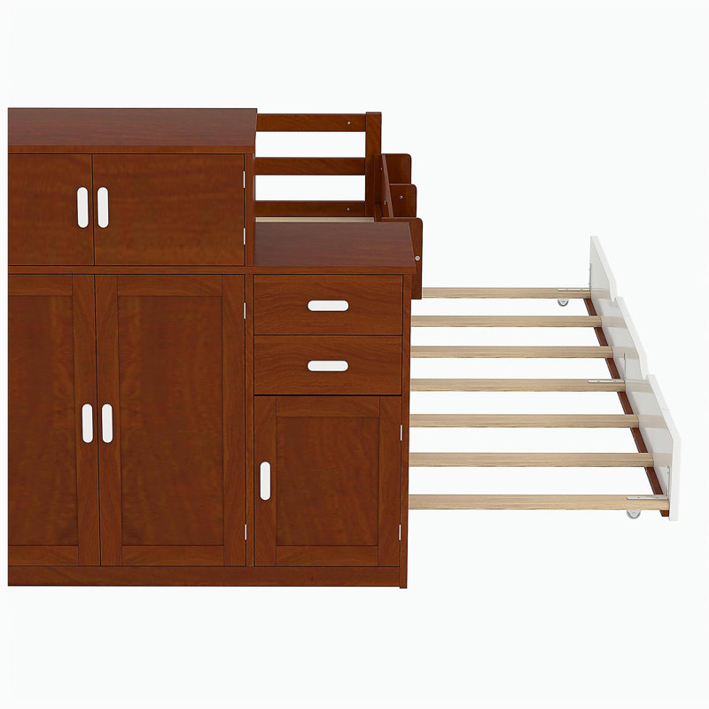 Lit double en bois au sol avec bibliothèque pour échantillon et garde-robe mobile, lit multifonctionnel avec lit à tiroir intégré