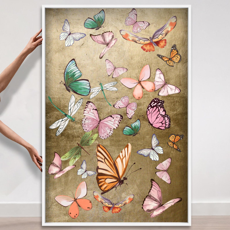 Oliver Gal Flying Over Gold Butterflies - Leaf Framed Shadowbox Art, White, 55.5" H x 37.5" W