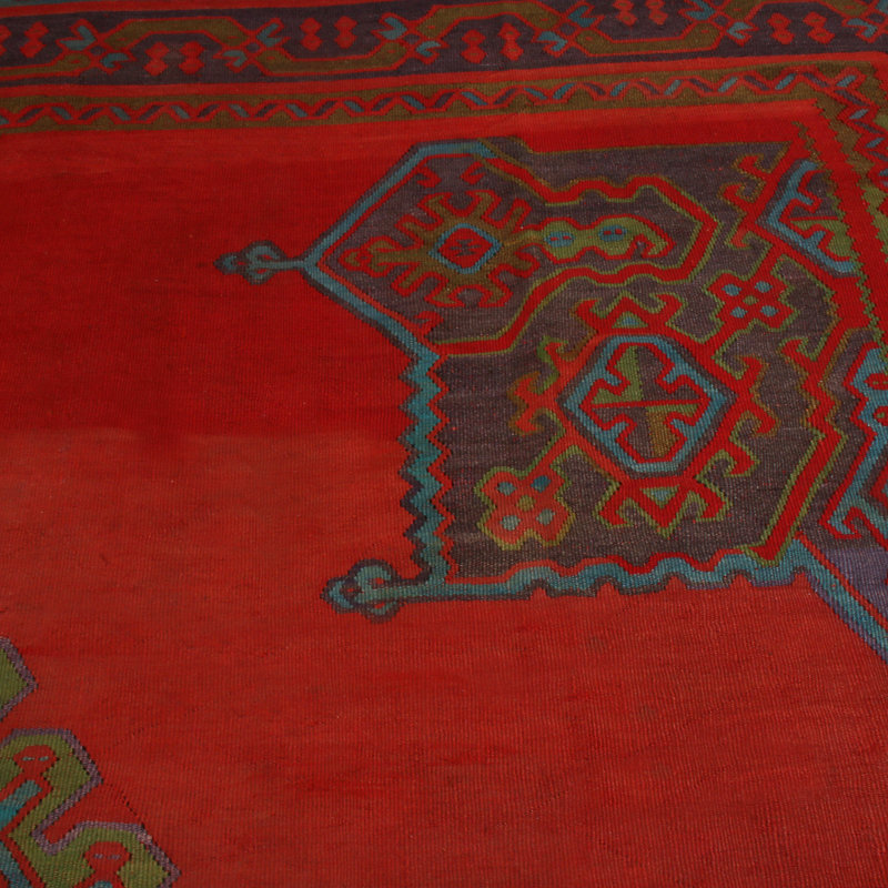 Antique Oushak Kilim Square Rug In Red And Indigo With Medallion | Rug & Kilim
