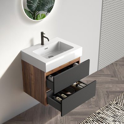 Meuble-lavabo mural de 24 po avec lavabo à quartz, design Mid-Century, doubles tiroirs noirs, panneaux de qualité E1, laque E0, test de charge de tiroir de 55 lb, doux et moderne, mouvement silencieux