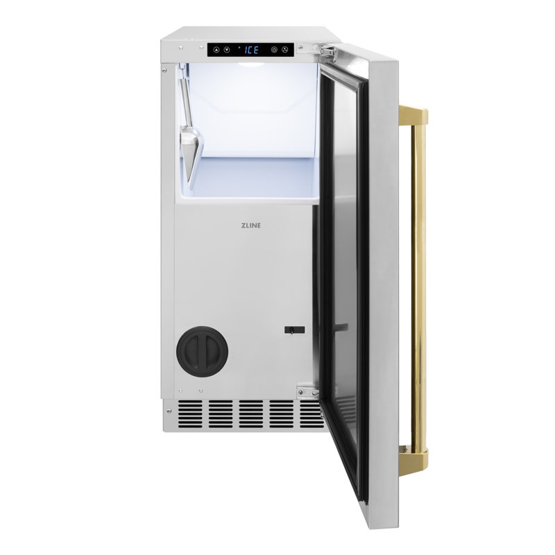 ZLINE Autograph 15 inch Touchstone Clear Cube Ice Maker w/ Polished Gold Handle, Stainless Steel/Polished Gold