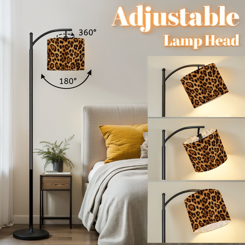 Lampe sur pied à arc avec abat-jour réglable en peau de léopard, tissu sans couture en tissu imprimé, lampe sur pied 3 températures de couleur, gradateur haut avec interrupteur au pied pour la chambre à coucher