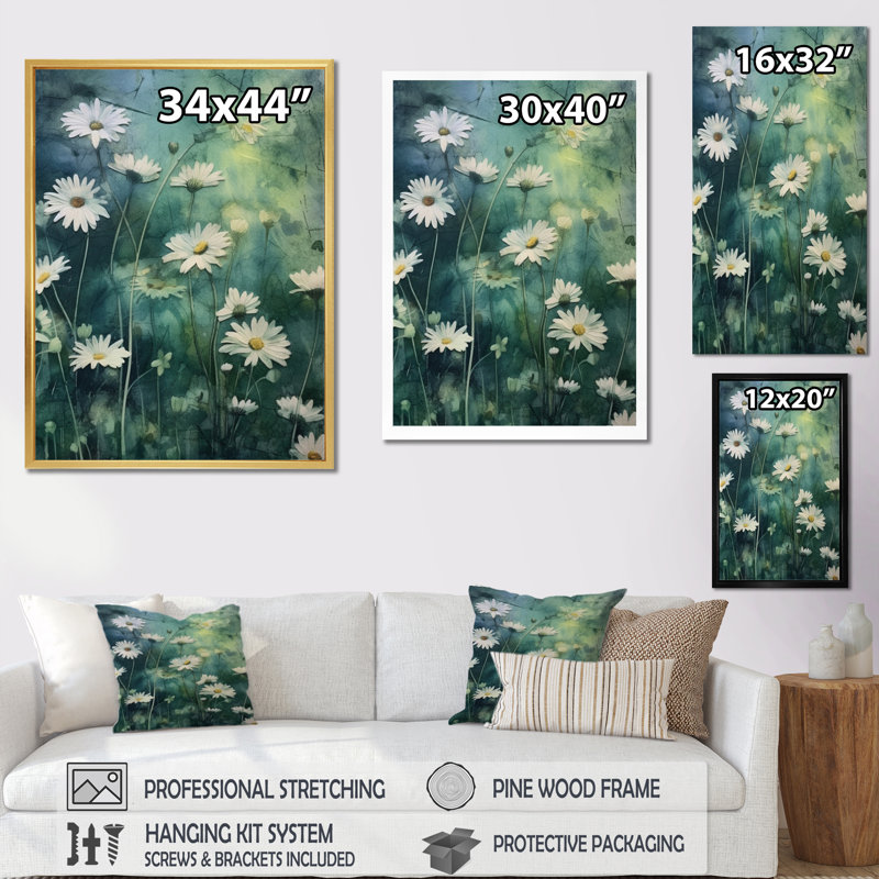 Fusion de marguerites blanches et vertes II sur toile, Cadre flottant noir, H 32 po x l 16 po x P 1 po