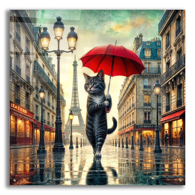  «Chat à Paris» par Rey Klimt, art mural en verre acrylique, 36 po x 36 po