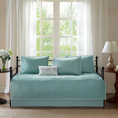Housse de lit de jour réversible, bleu, 6 pièces, simple, motif à médaillon, avec housse, 3 taies décoratives et coussin décoratif