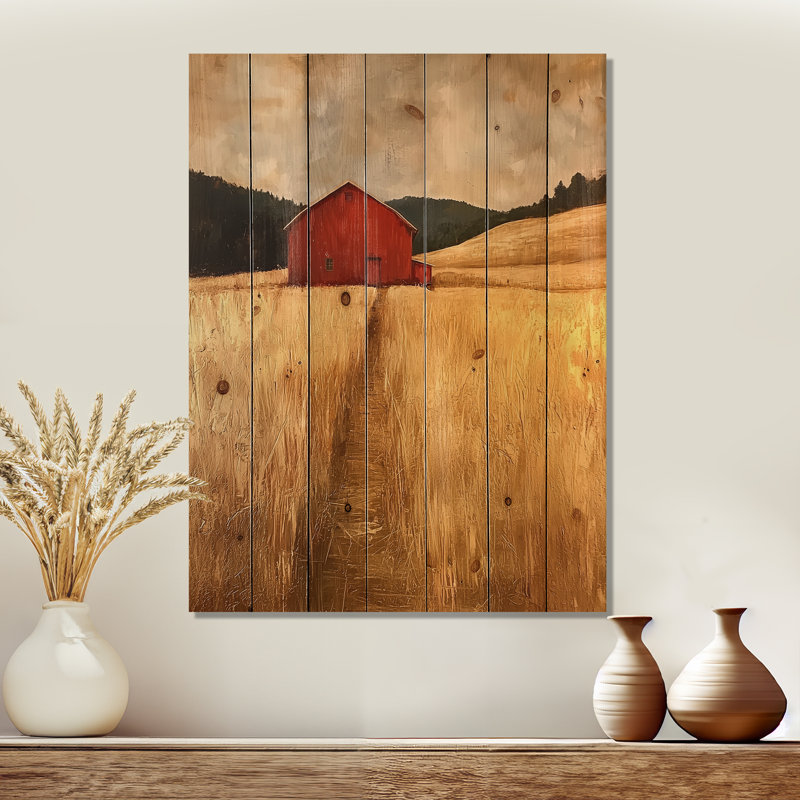 Countryside Golden Fields By The Farmhouse II - Countryside Wood Wall Art - On Natural Pine Wood, 20" H x 10" W x 0.78" D
