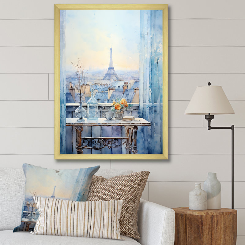«Paris Winter Window View I - City Paris», art mural, Cadre doré simple, H 44 po x l 34 po x P 1,5 po