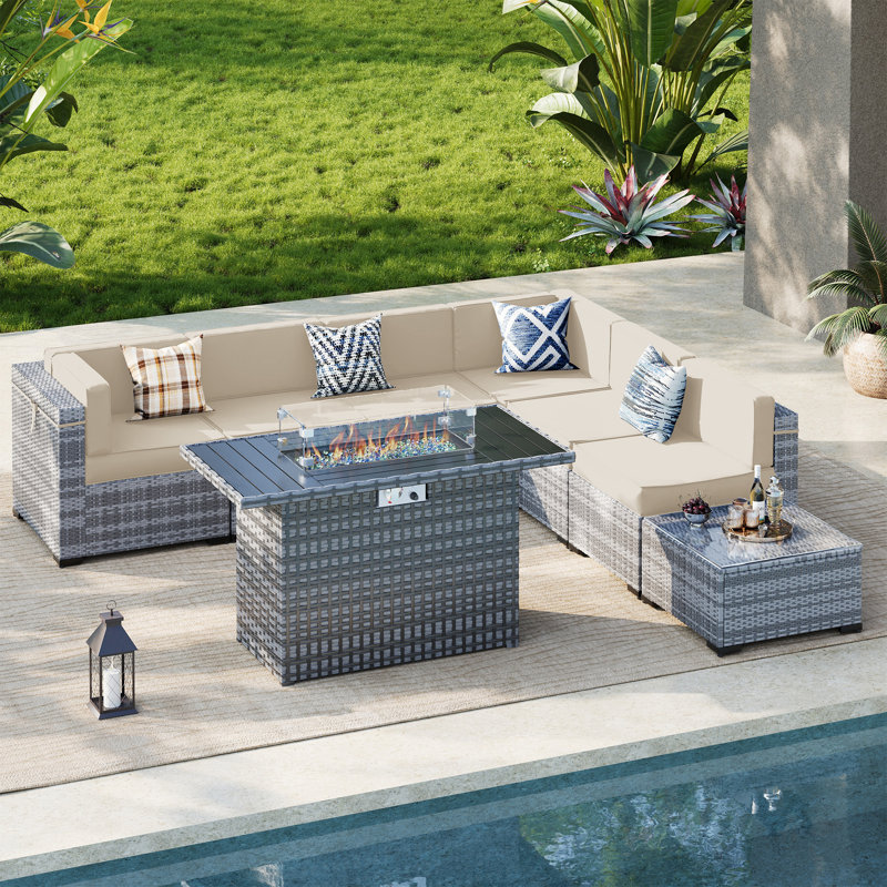 Cawanna 7 Piece Outdoor Rattan Seating Group with Cushions, Oui, Crème