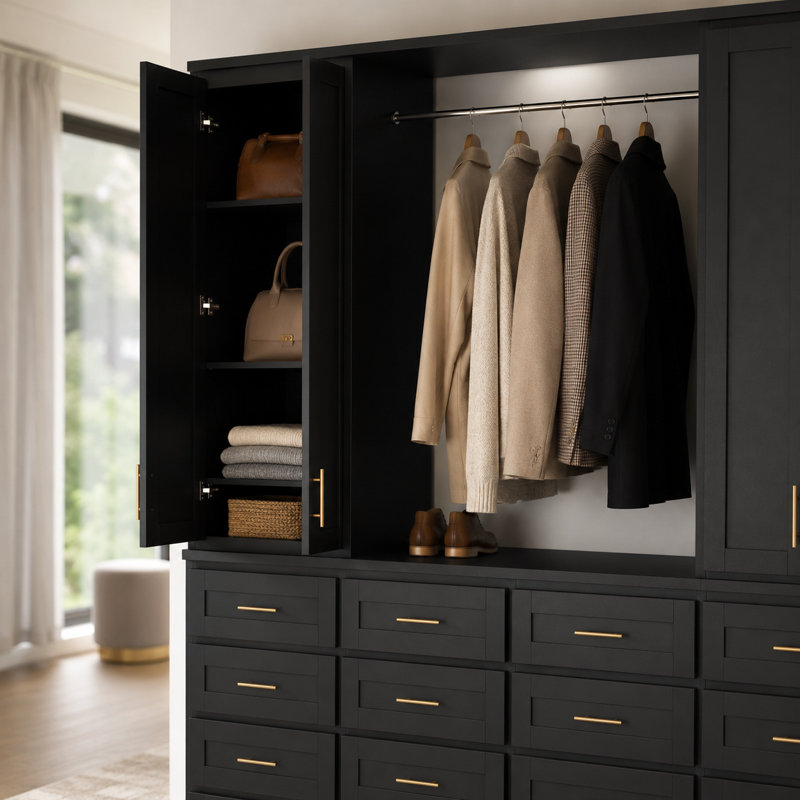 Organisateur de rangement 94,5 "noir avec tringle, armoires latérales, 16 tiroirs, poignées dorées