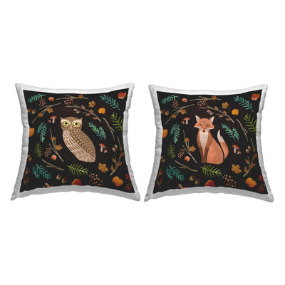 Cozy Autumn Botanicals Owl & Fox Woodland Creatures 2 Piece Outdoor Printed Pillow Set by Ziwei Li