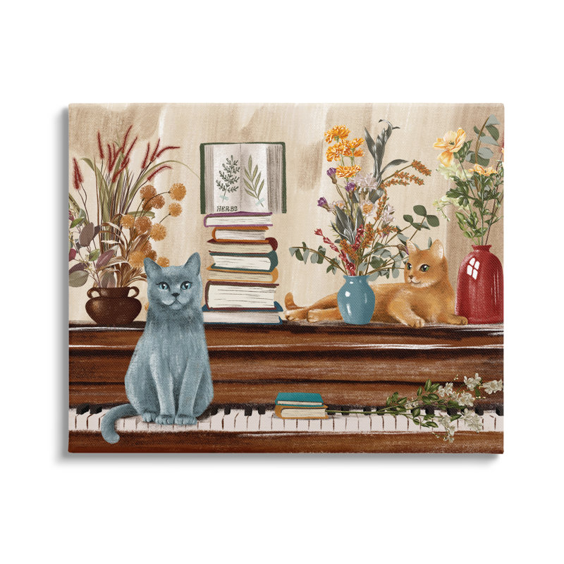 "Chats et livres sur piano sur toile" par Raquel Maciel, H 36 po x l 48 po x P 1,5 po
