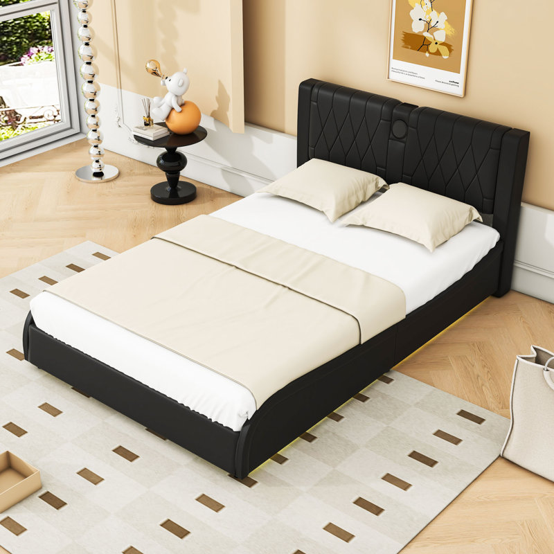 Upholstered Platform Bed with Bluetooth Speakers and LED Light, Black, Full