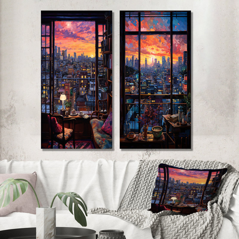 «Night In Tokyo Window View II», ensemble de 2 reproductions d'art mural japonais, H 28 po x l 25 po, Toile tendue