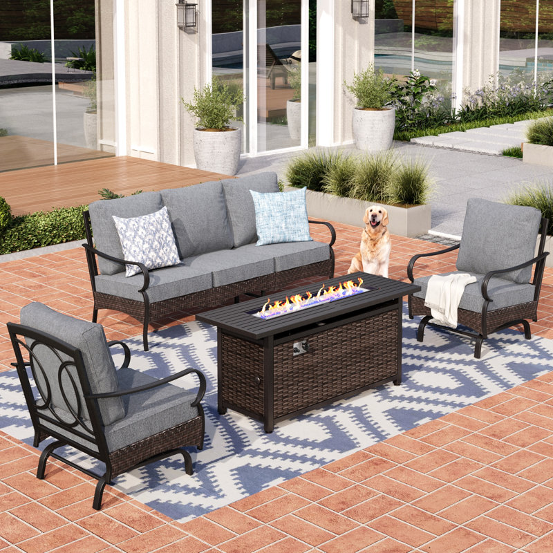 5 - Person Front Porch Furniture Sets With Fire Pit Table & Rocking Lounge Chairs, Gray