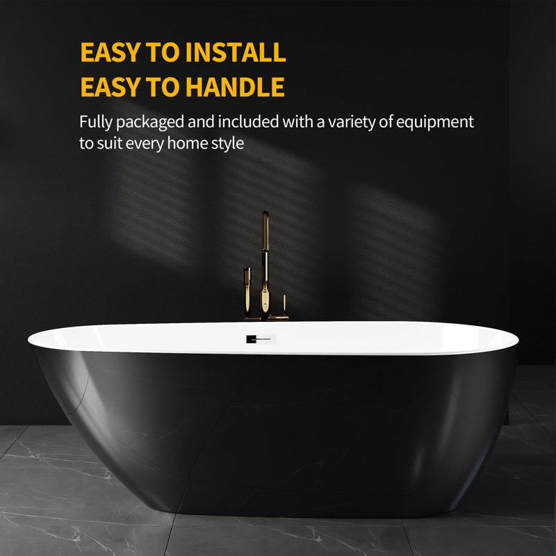 Baignoire profonde 59 po, baignoire en acrylique antidérapante avec bonde chromée, baignoire ergonomique moderne pour salle de bain, facile à installer, perle noire
