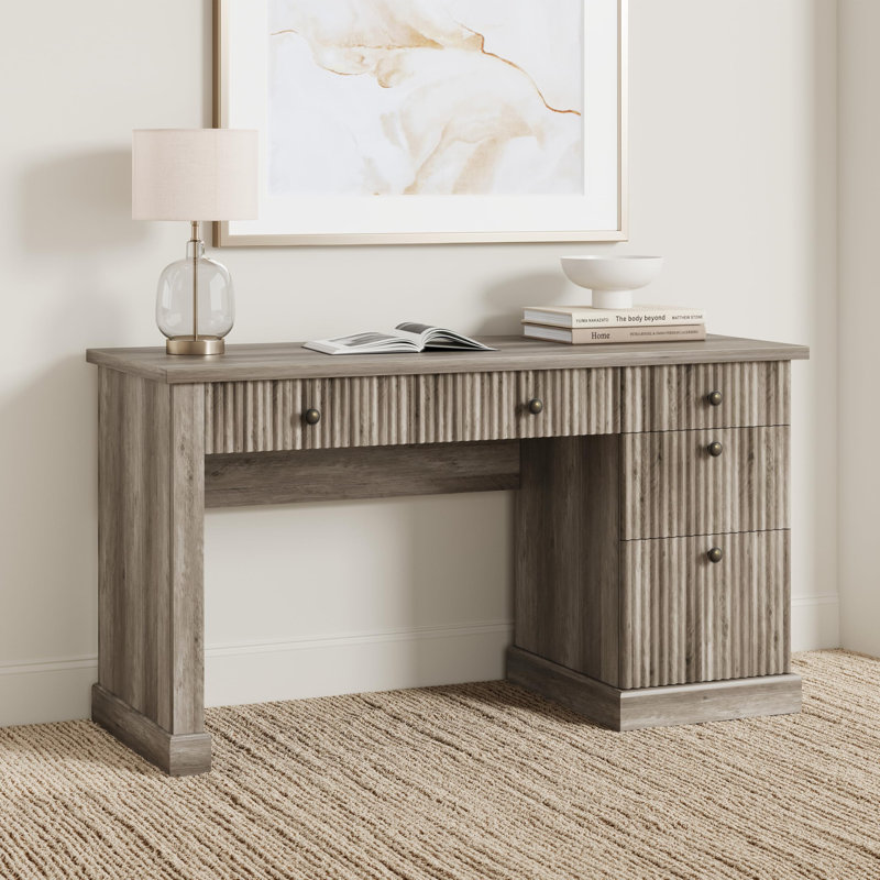 Bureau d'ordinateur à panneau cannelé gris avec tiroirs de rangement Station de charge USB contemporaine pour bureau à domicile