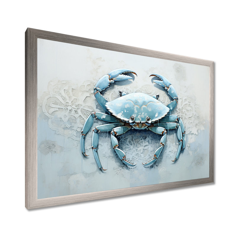 Minimalisme bleu crabe impression I - impression sur toile crabe, H 30 po x l 40 po x P 1,5 po, Cadre argenté