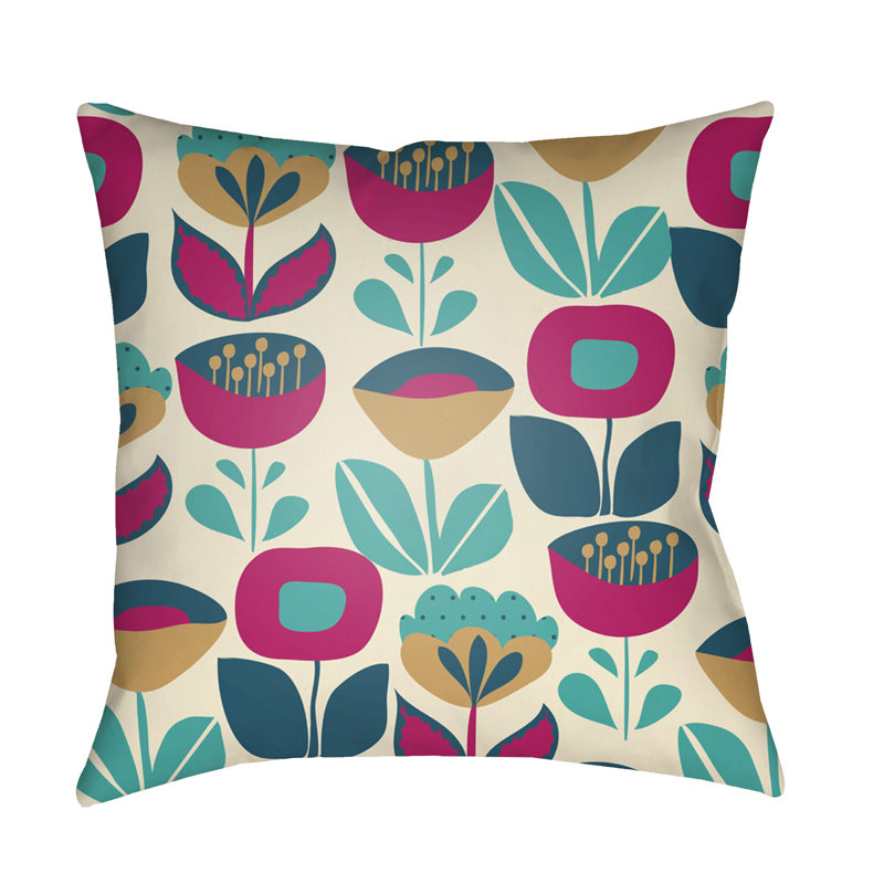 Moderne Floral Outdoor Throw Pillow, 18" H x 18" W x 4" D, Cream