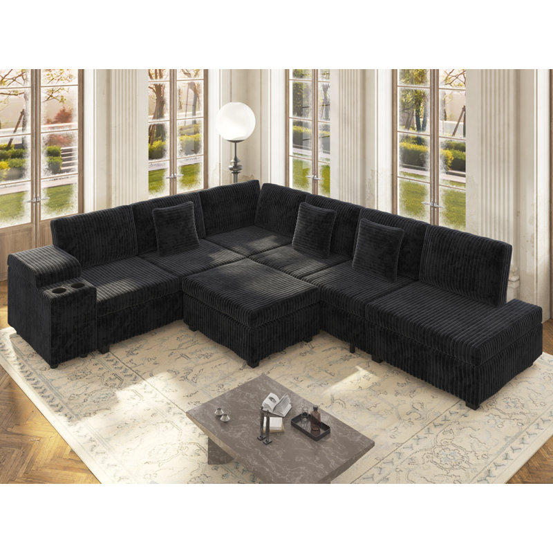 110''W Corduroy Sectional Sofa L-Shaped Convertible Sleeper Sofa Bed With Ottoman And USB Charging Ports, Black