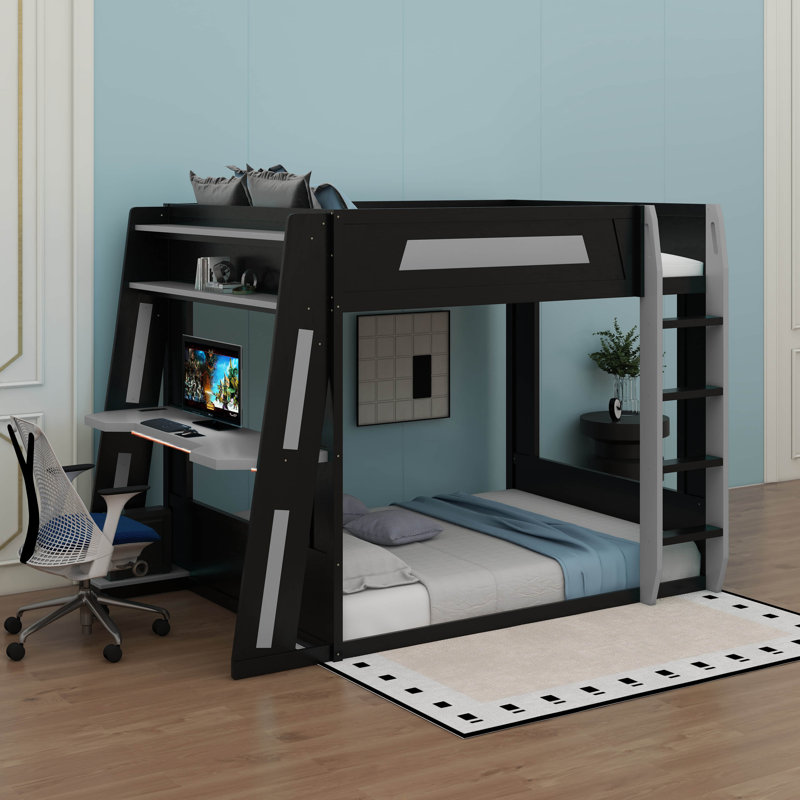Grand lit superposé en bois avec bureau, tablettes, lumière USB et DEL, Grand lit, Noir/gris