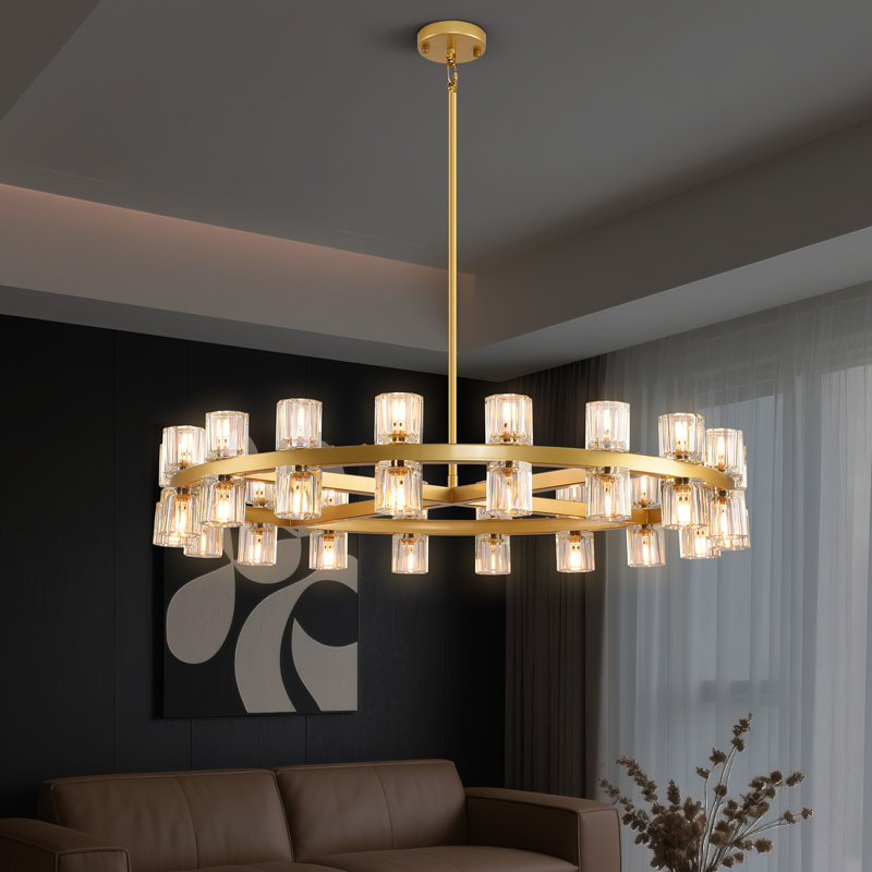 36"/48"/60" Dimmable Round Crystal Cup Large Chandelier, 96" H x 36" W x 36" D, Brass