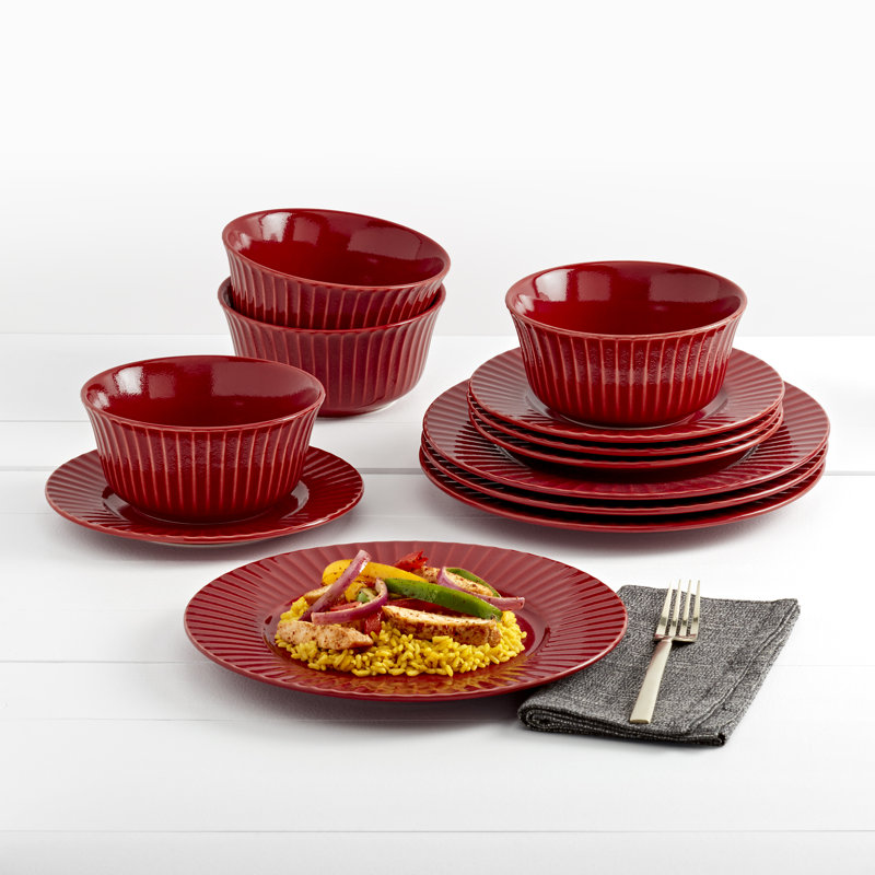 Richmond Red Hand Painted Stoneware Dinnerware Set, Service for 4